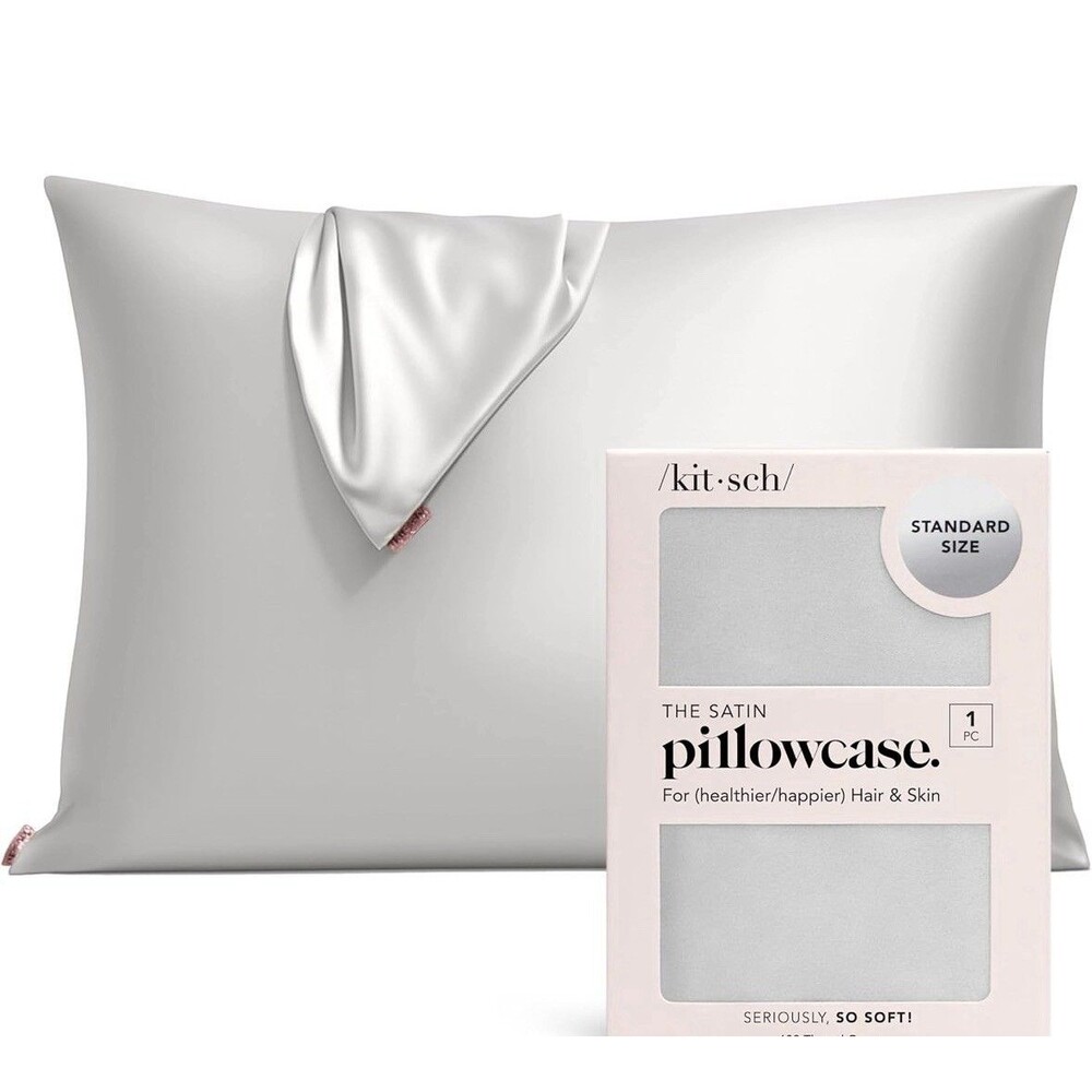 New KITSCH BEAUTY Silver Satin Pillowcase STANDARD Size 26" x 19" Zip Closure